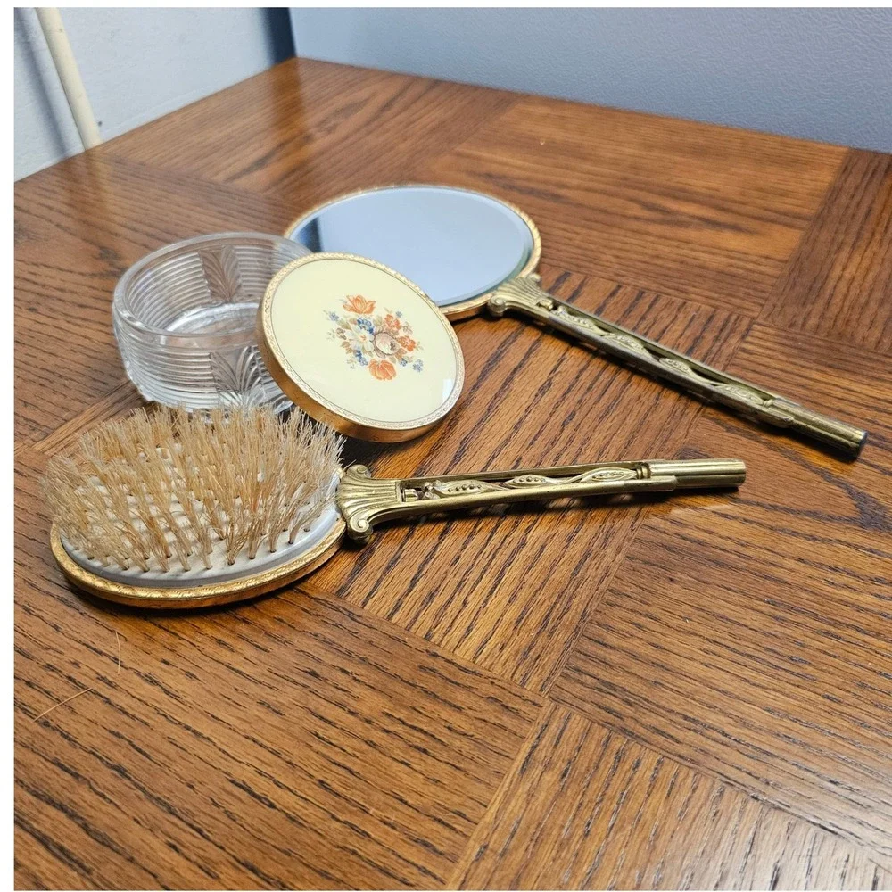 Vintage 3pc Vanity Set Floral‎ Enamel Gold Filigree Mirror Brush Crystal Jar
